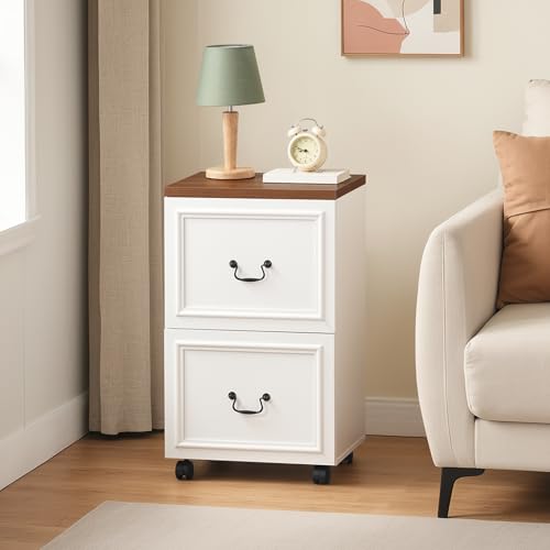 MAHANCRIS 2 Drawer File Cabinet, Rolling File Cabinet for Home Office, Wooden Under Desk Storage, Printer Stand with Drawers, for A4/Letter-Size Files, White and Walnut FCBA3801 - size: 2 Drawer
