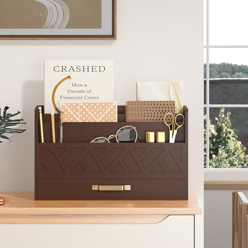 Bamboo Mail Organizer Countertop Pen Holder Wooden Desktop Storage Drawers | Wood Desk Drawer,Letter Sorter,Makeup Organizer,Bill Mail Organizer,5 Slot Desk File Organizer for School Home Office Supplie - color: Brown