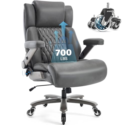 Big and Tall 700lbs Office Chair - Adjustable Lumbar Support 3D Flip Arms Heavy Duty Metal Base&Wheels, High Back Large Executive Computer Desk Chair, Thick Padded Ergonomic Design for Back Pain - color: Grey
