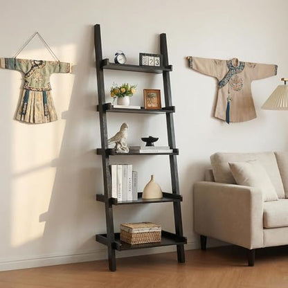 5 Tier Ladder Bookshelf, Black Leaning Bookcase for Home | Layered shelves with raised side lips help style books, plants, baskets, and decor in living rooms, bedrooms, or offices.