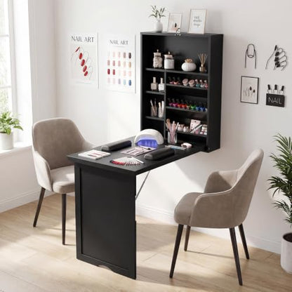 Tangkula Folding Wall Mounted Desk, Convertible Fold Out Floating Table with Storage Shelves, Space-Saving Drop Leaf Table, Murphy Desk for Craft, Study, Small Spaces, Home Office, Dorm, Black - color: Black