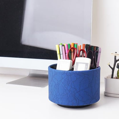 Round Leather Art Supply Organizer,Remote Control Holder,360 Degree Spinning,Multi-Functional Pencil Holder,4 Compartments Desktop Stationary Organizer(1-Lace Flower Blue) - color: 1-Lace Flower Blue