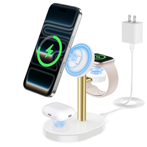 Hevanto 2026 3 in 1 Wireless Charging Station for Apple MagSafe Charger, 15W Fast Magnetic Mag-Safe Charger Stand for iPhone 17 16 15 14 13 12 Apple Watch AirPods Series, Gold&White - color: Gold&White, size: 15W