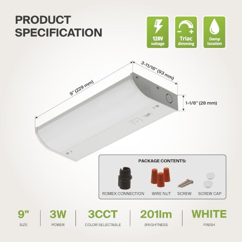 ASD LED Under Cabinet Lighting, 9 inch 3W 202 LM, Dimmable Hardwired Under Cabinet Lights for Kitchen, 3000K Soft/4000K Cool/5000K Daylight, Under Counter Light Fixtures, ETL, White, Bullnose Design - color: 9 Inch White, size: 1 Pack