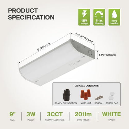 ASD LED Under Cabinet Lighting, 9 inch 3W 202 LM, Dimmable Hardwired Under Cabinet Lights for Kitchen, 3000K Soft/4000K Cool/5000K Daylight, Under Counter Light Fixtures, ETL, White, Bullnose Design - color: 9 Inch White, size: 1 Pack