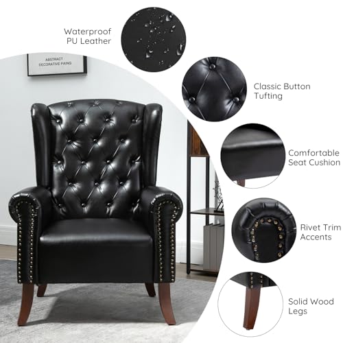 MOJAY PU Leather Accent Chair, Mid-Century Living Room Sofa Chair, Upholstered Arm Chair with Sturdy Wooden Legs, Faux Leather Club Chair for Bedroom Study Home Office Reception (Black) - color: Black, size: Set of 1