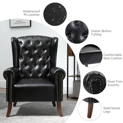 MOJAY PU Leather Accent Chair, Mid-Century Living Room Sofa Chair, Upholstered Arm Chair with Sturdy Wooden Legs, Faux Leather Club Chair for Bedroom Study Home Office Reception (Black) - color: Black, size: Set of 1