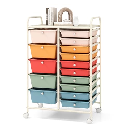 COSTWAY 15 Drawer Rolling Storage Cart, Mobile Storage Organizer | Removable Drawers & Metal Frame, Multipurpose Utility Tools Paper Organizer on Wheels for Home, Office (Macaron) - color: Macaron, size: 15 Drawer