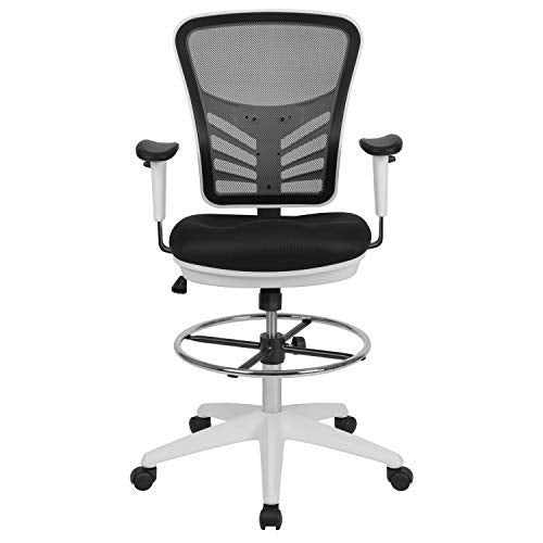 EMMA + OLIVER White Mid-Back Mesh Drafting Chair | Adjustable Foot Ring, 360° Swivel, Height Adjustable, Commercial Grade - color: Black Mesh/White Frame