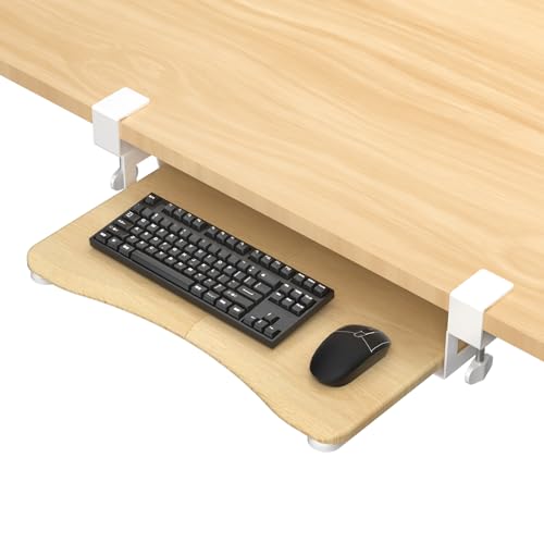 suptek Small Keyboard Tray Under Desk Pull Out with C Clamp Mount for Computer Keyboard, 20 (24.2 Including Clamps) x 11.8 inch Slide-Out Platform Computer Drawer for Typing, Light Wood, DSF1SQM - color: Light Wood, size: 20”