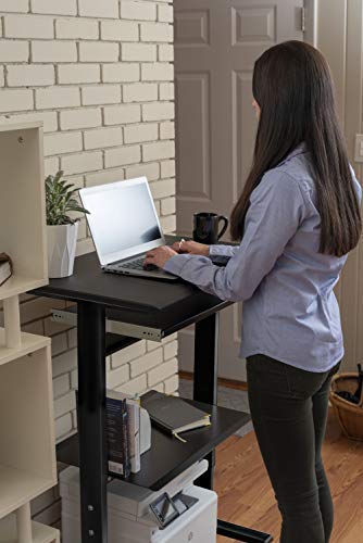 Stand Up Desk Store Mobile Rolling Adjustable Height Standing Workstation with Printer Shelf and Slideout Keyboard Tray (Black Frame/Black Top, 30" Wide) - color: Black/Black