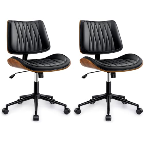 Ergonomic Armless Office Desk Chair - Mid-Century Modern Black Faux Leather with Diamond Stitch, Adjustable Height Swivel Rolling Task Computer Chair with Walnut Accent for Home Office, Study & Work - color: Black, size: 2 Pack