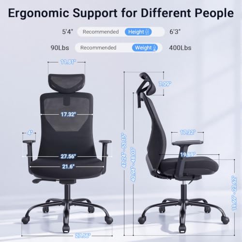 HYLONE Big and Tall Office Chair, High Back Mesh Chair with Adaptive Gravity Balance Recline, Adjustable Headrest & Lumbar Support, Comfortable Home Office Chair, X-Frame Structure