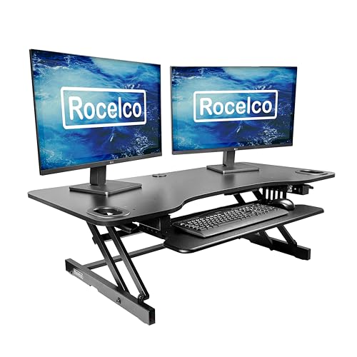 Rocelco 45" Height Adjustable Standing Desk Converter - Slide Out Retractable Keyboard Tray - Sit Stand Up Triple Monitor Riser - Dual Piston Lift Tabletop Computer Workstation - Black (R ADRB-45) - color: Black, size: 45", style: Riser Only