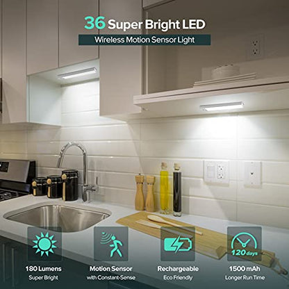 BLS 36 LED Closet Light Battery Powered, Super Bright Under Cabinet Lighting, Motion Sensor Indoor, Wireless, 1500mAh Rechargeable Battery Operated, 3 Pack - color: 5500K Daylight White-8.9 inches-3 Pack