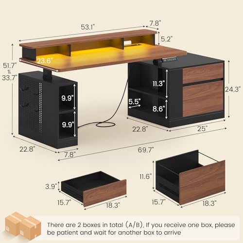 Standing Desk Adjustable Height, 70" Executive Electric Office Desk, Sit Stand Computer Desk with Storage Drawer, Power Outlets, Led Lights, Monitor Stand, Printer Space, Pegboard Black&Walnut - color: Black, size: Rectangle