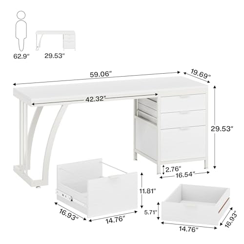Tribesigns 59 Inch Computer Desk with 3 Drawers, Industrial PC Desk Study Writing Table Workstation with File Storage, Home Office Desks with Large Desktop and Metal Frame, (White) - color: White