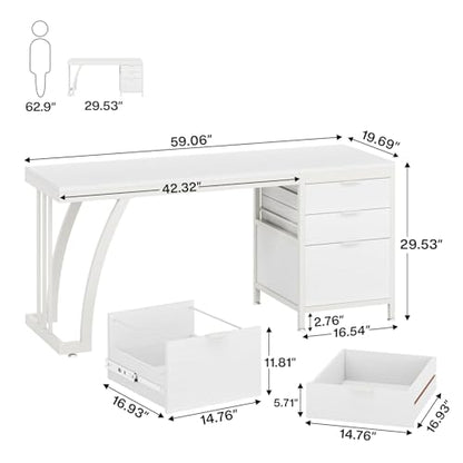 Tribesigns 59 Inch Computer Desk with 3 Drawers, Industrial PC Desk Study Writing Table Workstation with File Storage, Home Office Desks with Large Desktop and Metal Frame, (White) - color: White