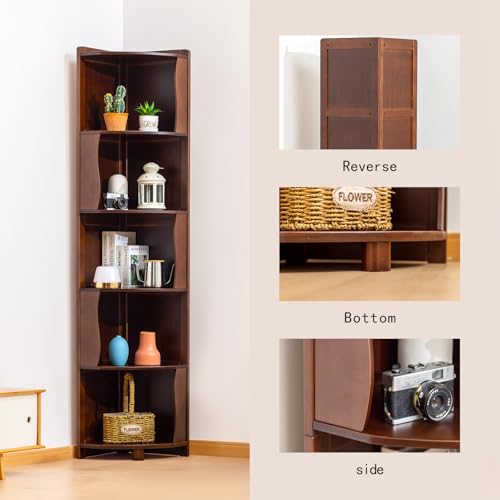 5-Tier Bamboo Corner Shelf Freestanding Fan-Shaped Storage Rack, Space-Saving Corner Cabinet for Living Room or Bedroom, Easy to Assemble, Dark Walnut