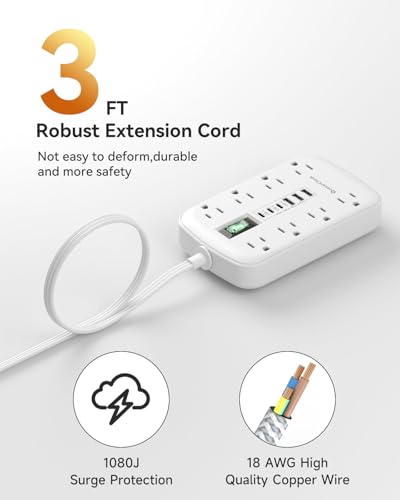 3FT Extension Cord with 6 USB(3 USB C) 8 Outlets, Flat Plug Power Strip - size: 3 FT-White-Three Prong