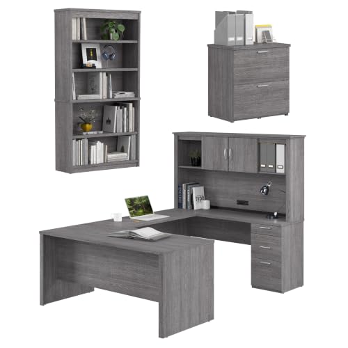 Bestar U or L Shaped with Hutch and File Cabinet, Bark Grey, Logan, 66W