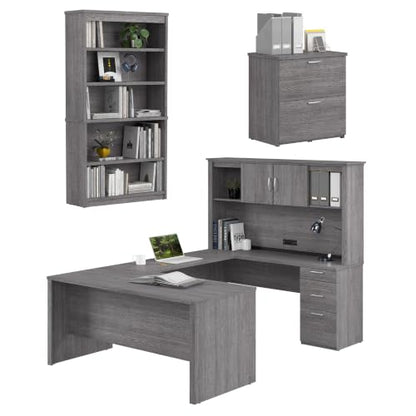 Bestar U or L Shaped with Hutch and File Cabinet, Bark Grey, Logan, 66W