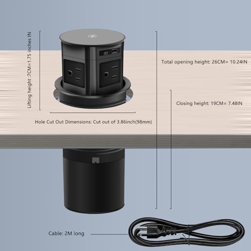 7-in-1 Pop Up Outlet with 15W Wireless Charger,3.86 inch Hole; 4 Outlets 1875W Overload Protection, USB-A,USB C Ports PD 20W,6.5FT 16AWG Cable UL Testing for Office Home -Black - color: Super charging-black