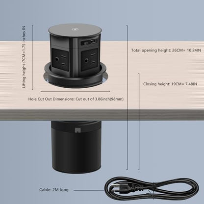 7-in-1 Pop Up Outlet with 15W Wireless Charger,3.86 inch Hole; 4 Outlets 1875W Overload Protection, USB-A,USB C Ports PD 20W,6.5FT 16AWG Cable UL Testing for Office Home -Black - color: Super charging-black