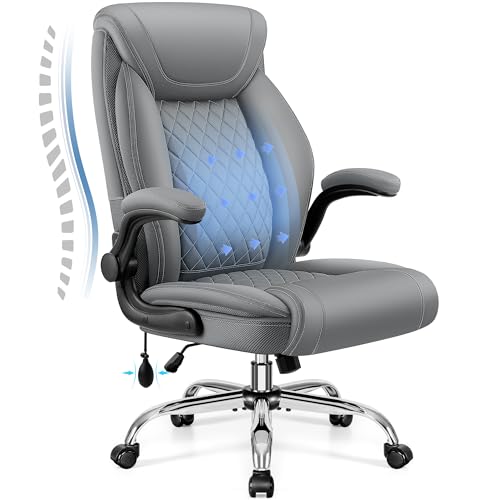 BestGlory Executive Office Chair with Lumbar Support, Big and Tall Ergonomic Computer Desk Chair, Leather Comfy High Back Gaming Chair with Flip Up Arms & Rocking Function for Home Office, Gray - color: Grey, size: 1 Pack