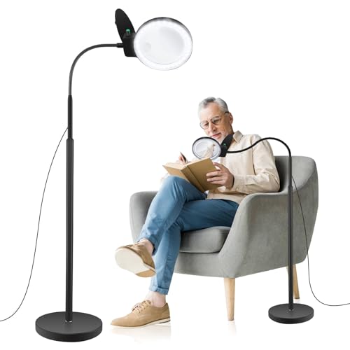 Magnifying Glass with Light and Stand 10X 20X, 36 LED Dimmable Floor Magnifying Lamp, 3-in-1 Adjustable Gooseneck Lighted Magnifier for Reading, Sewing, Crafts, Close Work etc