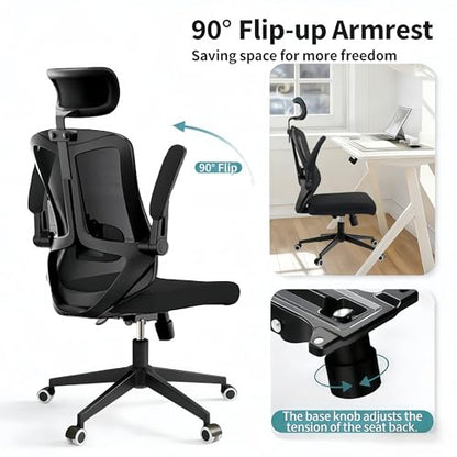 Ergonomic Office Chair - 350LB Comfy Desk Chairs with Adjustable Headrest and Lumbar Back Support, Mesh Computer Chairs with Wheels and Arms for Home Office, Study (Black-with Headrest) - color: Black