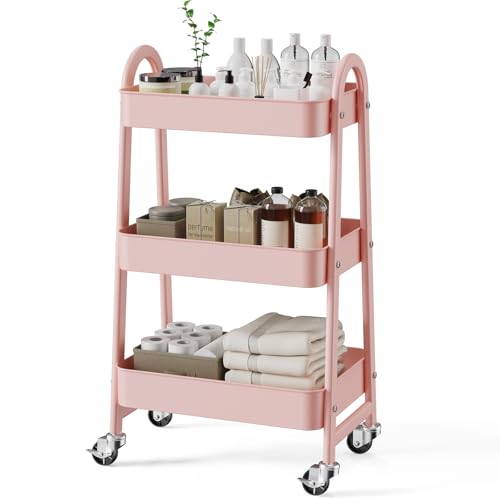 OLIXIS Metal 3 Tiers Rolling Storage Utility Cart with Lockable Wheels - color: Pink, size: 3-Tiered 17 inches