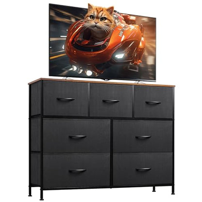 WLIVE 7 Drawer Dresser TV Stand, Entertainment Center, Media Console Table with Metal Frame and Wood Top for TV up to 45 inch, Chest of Drawers for Bedroom, Living Room, Black and Rustic Brown - color: Black and Rustic Brown