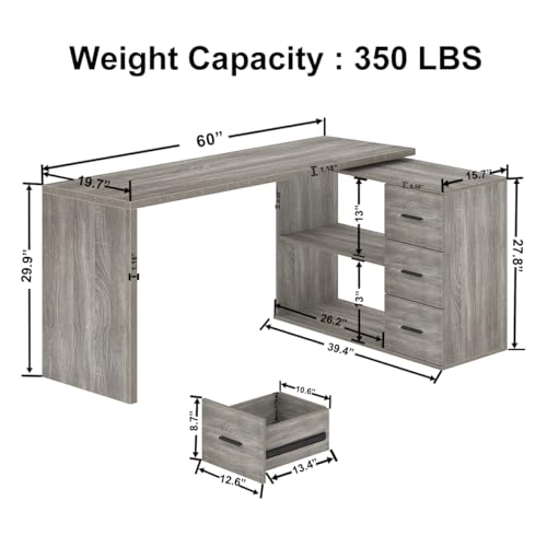 HSH Grey L Shaped Computer Corner Desk with 3 Storage Drawers 60 inch | Reversible Home Office Corner Desk with 2 Open Side Shelves Modern Wood Executive L Desks for Bedroom,Study Workstation - color: Light Grey Oak, size: 60 Inch