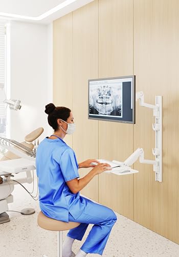 MED10 Medical Monitor Wall Mount with Folding Keyboard Tray and Mouse Pad | Scanner Holder | Heavy Duty Height Adjustment Folding Design for 17"-49" Monitor On Wall Track with CPU Wall Mount