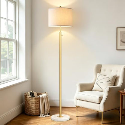 Nintiue Dimmable Gold Floor Lamp, Turkish Marble Base, White Linen Shade | Turkish marble base, 0-100% stepless dimming, 11W 2700K bulb, white linen shade, Non-Slip Base, 64.6 in tall, save space - color: Gold-Marble-Line Shade