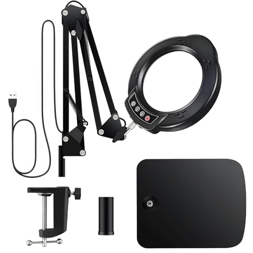 15X Magnifying Glass with Light and Stand, 5 Color Modes 10 Levels Adjustable Brightness, 2-in-1 Desk Lamp with Clamp, Hands Free LED Light Magnifier for Craft Hobby Reading Repair Close Works