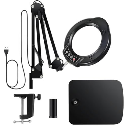 15X Magnifying Glass with Light and Stand, 5 Color Modes 10 Levels Adjustable Brightness, 2-in-1 Desk Lamp with Clamp, Hands Free LED Light Magnifier for Craft Hobby Reading Repair Close Works