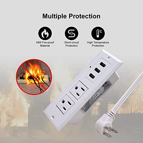 Desk Power Strip with USB Recessed Mounted Desktop Power Outlet 2 Outlets 3 USB Ports (15W/3A) Flat Power Plug, Charge Station for Table Cabinet Sofa Counter - color: White
