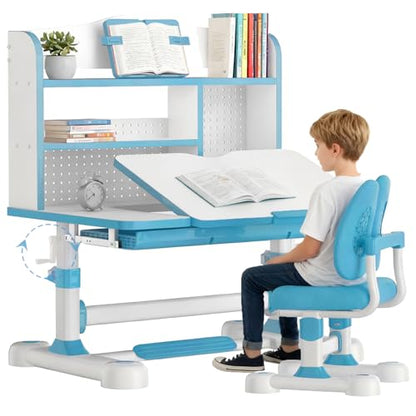 Kid Study Desk and Chair Set 3-12 Height Adjustable Ergonomic Desk | School Art Desk, 50° Tiltable Desktop, Easy-Turn Crank, Storage Drawer & Built-in Bookstand for Children Boys & Girls - color: 013-blue-31.5in