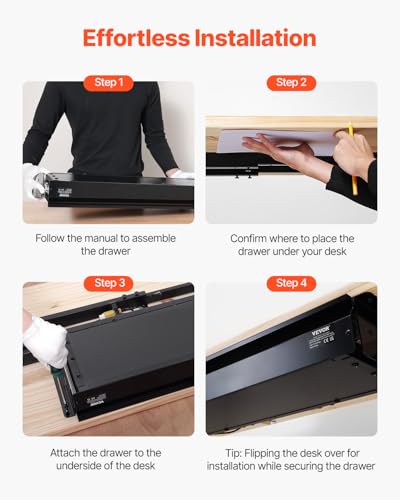 VEVOR Under Desk Drawer Slide Out, 33inch Under Desk Mounted Pull-out Drawer Attachment, Hidden Under Counter Drawers for office Home Sit Stand Workstation, Black - size: 33inch