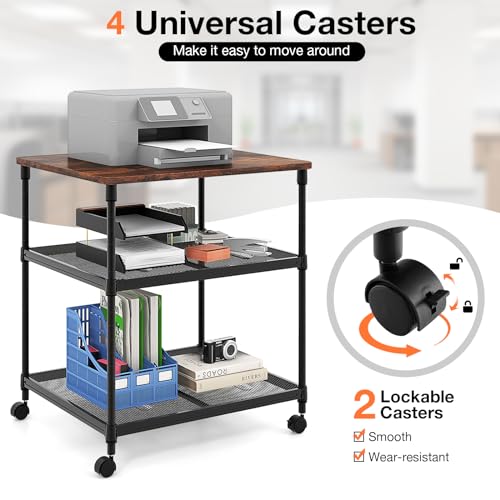 Giantex Printer Stand, 3-Tier Industrial Printer Cart with Lockable Wheels, Adjustable Shelves, Metal Frame, Mobile Under Desk Shelf for Home Office, Printer Table Fit Fax Machine, Scanner (Brown) - color: Brown, size: 24"x20"x27.5"