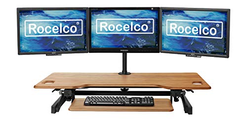 Rocelco 46" Large Height Adjustable Standing Desk Converter with Triple Monitor Mount BUNDLE - Sit Stand Up Computer Workstation Riser - Retractable Keyboard Tray - Teak Wood Grain (R DADRT-46-DM3) - color: Teak/Black, size: 46", style: Riser+Triple Mount