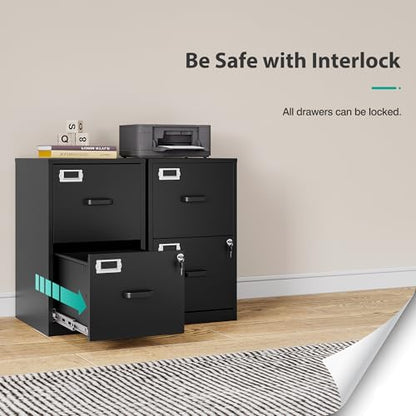 2 Drawer File Cabinet with Lock,Narrow Vertical Filing Cabinet,Under Desk File Cabinets,Black Metal File Cabinets for Home Office,Fit Letter/A4/Legal Size File, Easy Assembly - color: Black, style: 2 Drawer