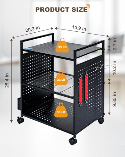 Mythinglogic 3-Tier Rolling Printer Stand with Pegboard and File Holder | Metal cart with adjustable shelves and locking wheels for printers, scanners, paper, craft tools and classroom supplies - color: Black