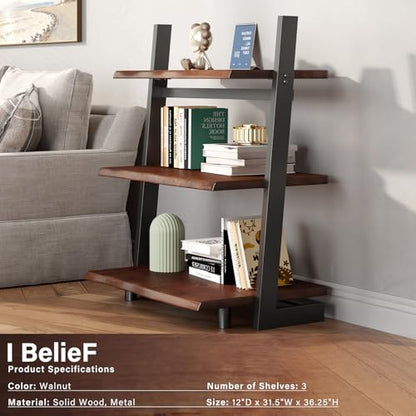 IBF 3-Tier Solid Wood Ladder Bookshelf with Natural Live Edge | Rustic Walnut Storage & Display Leaning Bookcase, Modern Space-Saving Shelf for Living Room, Bedroom, Home Office - size: 3 Tier