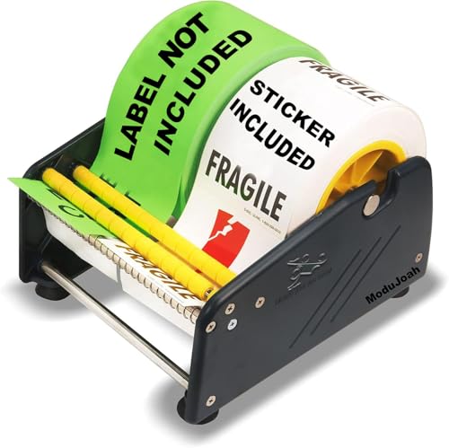 MDJ by Excell Manual Label Sticker Dispenser with 4 Suction Cups Base for Tabletop, Adjustable holder for multiple rolls for Office, Home, School, Warehouse, Easy Peel Off, Fits up to 6.5" Wide Labels - size: 6" Wide w/ Plastic Frame