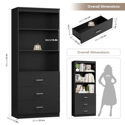 FOTOSOK 71" Black Bookshelf with 3 Drawers, Tall Bookshelf and Bookcase | 6-Tier Wide Bookshelf with 3 Open Shelves, Tall Bookcase Large Book Shelf Standing Book Case for Home Office, Whit - color: Black