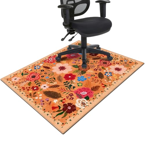 Office Chair Mat for Hardwood & Tile Floor,Boho Floral 36"x48" Computer Chair Mat for Rolling Chairs Carpet,Under Desk Non Slip Gaming Rug,Low-Pile Rubber Backing Large Protector Mat(Orange) - color: Orange, size: 36"*48"