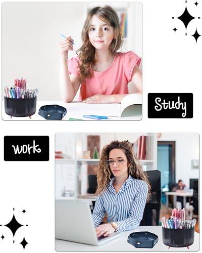 Black Desk Accessories, Office Supplies 360°Pen Holder Desk Organizers, With Tape Dispenser, Stapler, Staple Remover, Ect, Elevate Your Workspace With Sleek Black Sophistication, Back to School - color: Black